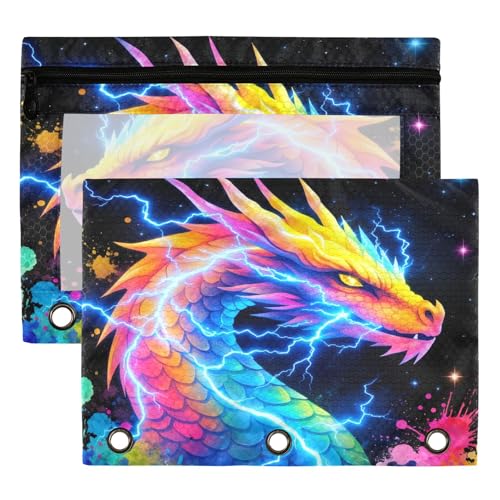 Fire Ice Dragon Binder Pouches 3 Ring for Boys Girls School Office College Supplies Cool Dinosaur Dino Pencil Pouches Case Bag with Clear Window and Zipper 2 Pack - color: Dragon 2
