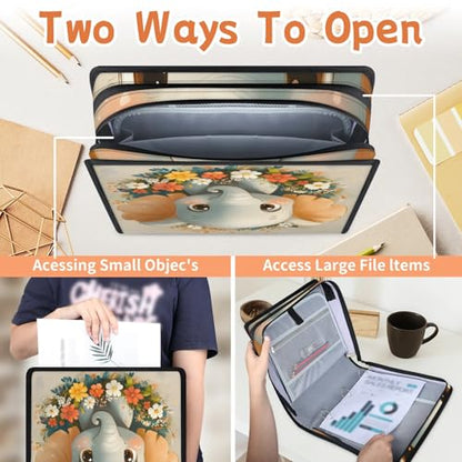 Cute Elephant Animal Zipper Binder, 3 D-Ring Expanding File Folder with Handle & Adjustable Shoulder Strap, 400 Sheets Capacity Multi-Pocket Organizer for 13 Inch Laptop - color: Cute Elephant Animal