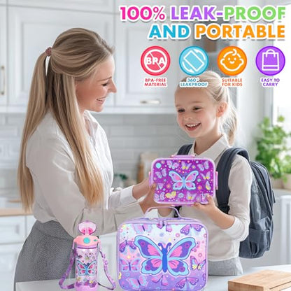 Kids Bento Lunch Box Set with 1200ml Leak-Proof Lunch Containers with 3 Compartments, 22oz BPA-Free Water Bottle, Insulated Lunch Bag for Back to School Kids Girls Boys - color: Butterfly