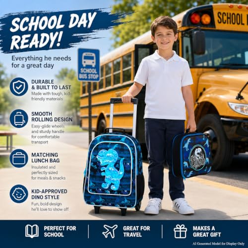 AGSDON 3PCS Rolling Backpack Boys, Kids Roller Wheels Bookbag, Wheeled School Bag with Lunch Bag - Dinosaur Bule - color: Blue
