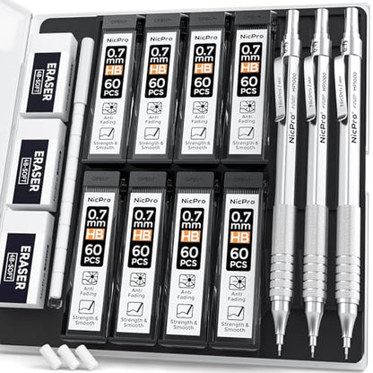 Nicpro 0.7 Metal Mechanical Pencil Set with Case, 3PCS MP1000 0.7mm Artist Lead Pencil With 8 Tube HB Refills, 3 Erasers, 9 Eraser Refill For Architect Art Drafting Drawing Engineering, Sketching - color: Silver, style: 0.7 MM