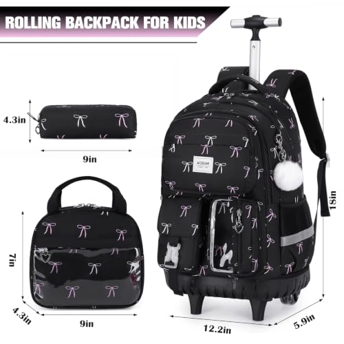 ACESAK Rolling Backpack for Girls, Roller Backpack with Lunch Bag & Pencil Pouch for Teen Girls Kids, Bookbag Backpack with Wheels for Women Elementary Middle High School Travel (Black Bow) - color: Black Bow
