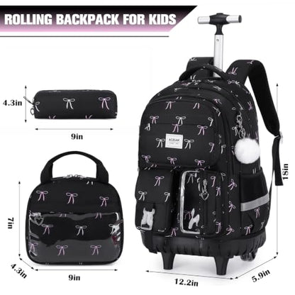 ACESAK Rolling Backpack for Girls, Roller Backpack with Lunch Bag & Pencil Pouch for Teen Girls Kids, Bookbag Backpack with Wheels for Women Elementary Middle High School Travel (Black Bow) - color: Black Bow