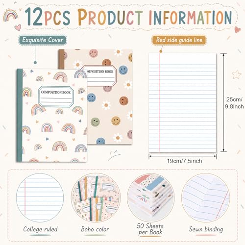 12 Pack Large Composition Notebooks Bulk 9.8 × 7.5 in Wide Ruled Hard Cover Composition Book Assorted Marble Journal College Ruled Paper for Adult Student College Office Back to School Supplies(Boho) - size: 12 Pack, style: Bohemian