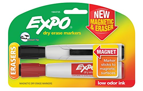 EXPO Magnetic Dry Erase Markers with Eraser, Chisel Tip, Assorted, 2-Count - color: Assorted Colors, size: 2 Count (Pack of 1), style: CHISEL