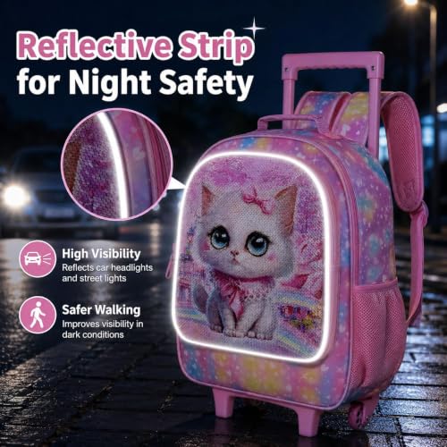 WZLVO 4PCS Rolling Backpack for Girls, Kids Cat Roller Backpacks with Wheels for Kids, Wheeled Bookbag Set for Toddler Elementary School - color: Cat Pink