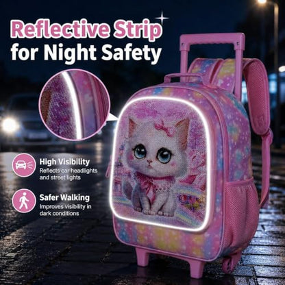WZLVO 4PCS Rolling Backpack for Girls, Kids Cat Roller Backpacks with Wheels for Kids, Wheeled Bookbag Set for Toddler Elementary School - color: Cat Pink