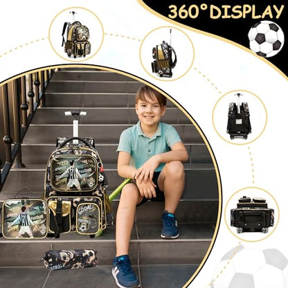 Meetbelify Kids Rolling Backpack with Wheels for Boys Rolling Backpacks with Lunch Box for Elementary School Students 3 in 1 Football Travel Luggage Suitcase for Boys Age 8-10 - color: Boy 03
