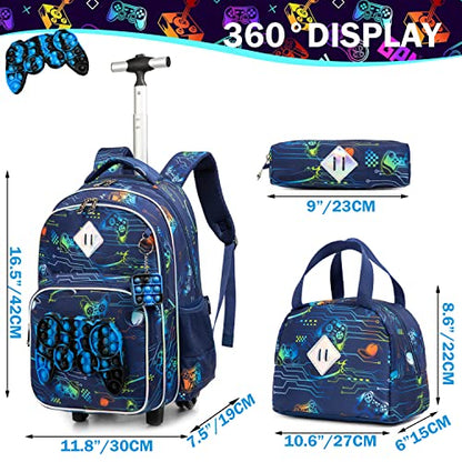 Meetbelify Rolling Backpack for Boys with Wheels Kids Travel Suitcase Laptop Luggage with Lunch Box Set for Boys Age 6-8 - color: 02 Game