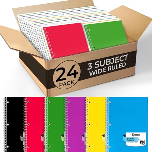 Rosmonde 24 Pack 3 Subject Spiral Notebook Wide Ruled Bulk, Thick Paper, Extra Pages - 300 Pages (150 Sheets), 8 x 10-1/2", Bulk Subject Notebooks for Home & Writing Daily Chores, Bulk Spiral Notebook - size: 24 Pack, style: 3 Subject - Soft Cover