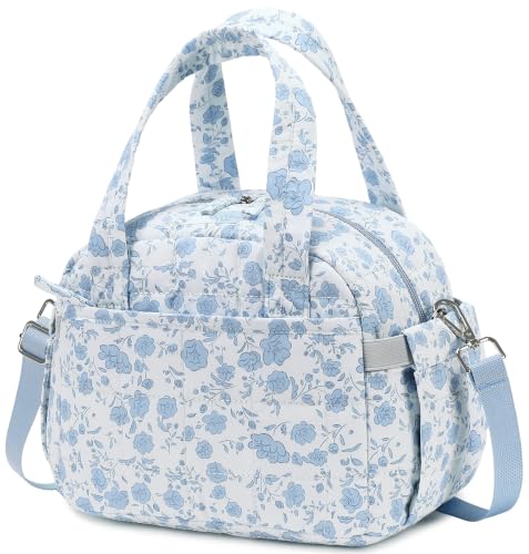 LEDAOU Quilted Insulated Lunch Bag for Women, 9L Puffy Lunch Tote with Adjustable Shoulder Strap, Reusable Water-Resistant Lunch Box for Work, School, Picnic & Travel - color: Blue Flower, size: Regular 9L