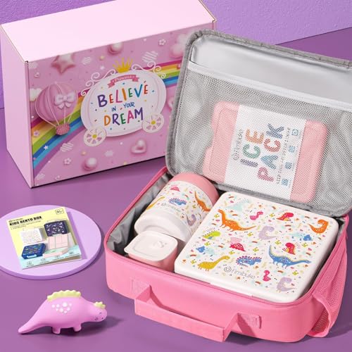 Fimibuke Kids Bento Snack Lunch Box with Thermo Insulated Toddler Lunch Bag | Lunch Box Kids with 4 Compartment, Food Jar, Ice Pack, Utensils, Birthday Gifts for Ages 3-12 Back to School Toddler Girl Boy - color: A4.White Dinosaur