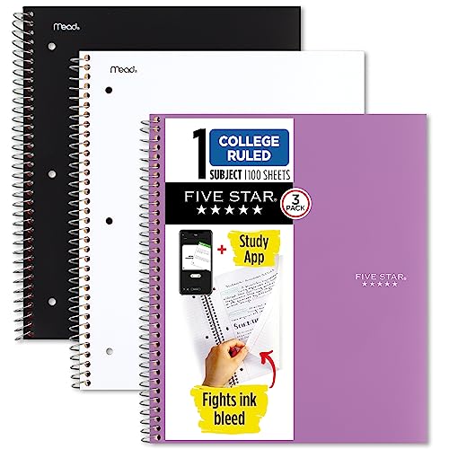 Five Star Spiral Notebooks + Study App, 3 Pack, 1-Subject, College Ruled Paper, 100 Sheets, 11" x 8-1/2", Black, White, Amethyst Purple (820188-ECM) - color: Black, White, Purple