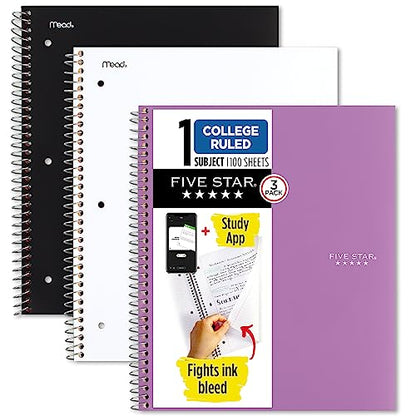 Five Star Spiral Notebooks + Study App, 3 Pack, 1-Subject, College Ruled Paper, 100 Sheets, 11" x 8-1/2", Black, White, Amethyst Purple (820188-ECM) - color: Black, White, Purple