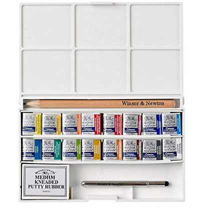 Winsor & Newton Cotman Watercolor Paint Set, Complete Pocket Set, 16 Half Pan w/ Brush, Eraser, Mixing Palette - style: 16 Half Pan Complete Pocket Set