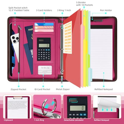 Ospelelf Zipper Clipboard with Storage, Leather Padfolio Portfolio Folder, 3 Ring Binder Dividers with Tabs, 12.1” Tablet Sleeve, Refillable Notepad, Card Slot (Rose Red) - color: Rose Red