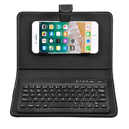 Portable Bluetooth Keyboard with Leather Case Cover with for 4.5''-6.8'' iOS, Android and Windows Smart Phones, Detachable with Kickstand - color: Black
