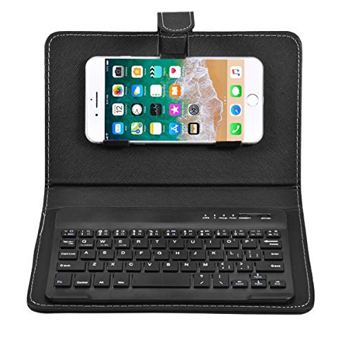 Portable Bluetooth Keyboard with Leather Case Cover with for 4.5''-6.8'' iOS, Android and Windows Smart Phones, Detachable with Kickstand - color: Black