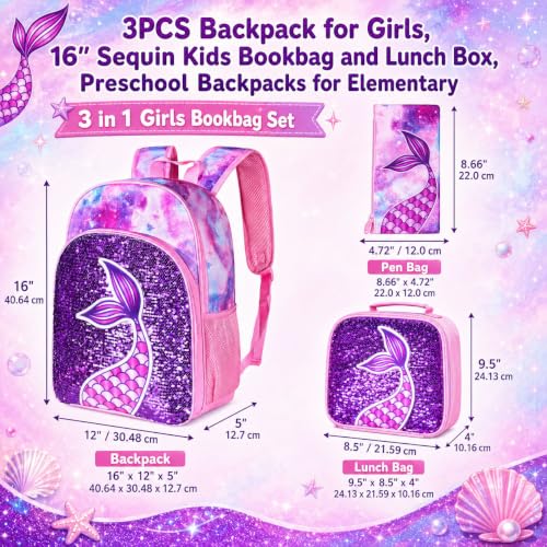 gxtvo 3PCS Girls Backpack, 16" Sequin Prechool Elementary Bookbag and Lunch Box - color: Fish Tail Pink