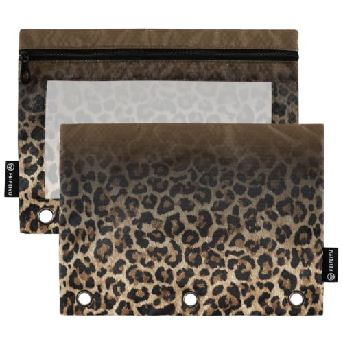 Gredecor 3 Ring Binder Pencil Pouch, Gradient Brown Leopard Cheetah Zippered Pen Case Pouches with Clear Window, 2 Pack Stylish Office & School Supplie - color: Gradient Brown Leopard Cheetah