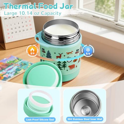 REDSHELL Bento Lunch Box for Kids Set, Leakproof Food Jar Pail with Insulated Bag, Toddler Snack Container Lunchbag for Girls Daycare, Back to School Lunchbox Kit, Includes Bottle Holder Strap, Green