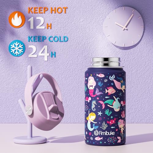 Fimibuke Kids Insulated Water Bottle, 14oz BPA FREE 18/8 Stainless Steel Travel Tumbler Double Wall Vacuum Leak Proof Kids Cup with Straw Metal Water Bottle for School Boys Girls(1 Pack, MERMAID) - color: A2. MERMAID