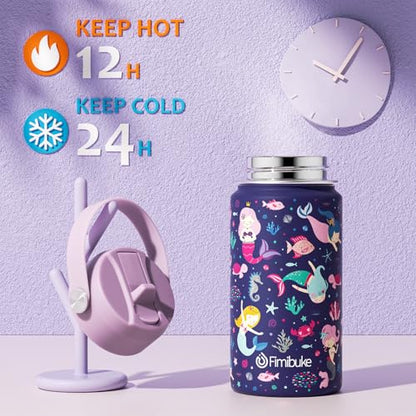 Fimibuke Kids Insulated Water Bottle, 14oz BPA FREE 18/8 Stainless Steel Travel Tumbler Double Wall Vacuum Leak Proof Kids Cup with Straw Metal Water Bottle for School Boys Girls(1 Pack, MERMAID) - color: A2. MERMAID