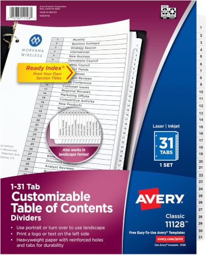 Avery 1-31 Dividers for 3 Ring Binders, 31 Tabs per Set, Customizable Table of Contents, Classic White Tabs, Great for Organizing Reports, Projects, and More (11128) (Pack of 12) - size: One Size (Pack of 12), style: 1 Set