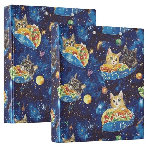 Fustylead Lovely Cats Eating Tacos on Blue Galaxy 3 Ring Binder, D-Rings 1.5" Hardcover Folder, Fits 200 Sheets of A4 Paper, Durable Clipboard & Clean View with Inside Pockets for School Home Office - size: 12.4x10.63x2.36 Inch-2 Pack