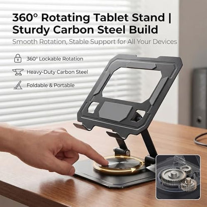 CTESNE【360°Rotation】iPad Stand for Desk【Foldable & Portable】【Carbon Steel Heavy-Duty Base】Adjustable Tablet Stand, Phone & Tablet Holder (Black)