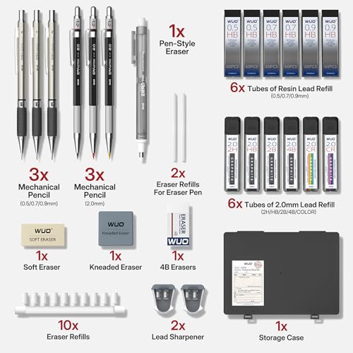 WUO 36PCS Art Mechanical Pencil Set with Storage Case, Metal Drawing Pencil | 0.5, 0.7, 0.9mm & 3PCS 2mm (2H HB 2B 4B Color) & 432 Lead Refills, 1 Eraser Pen, Artist Tech Pencils for Sketching, Drafting