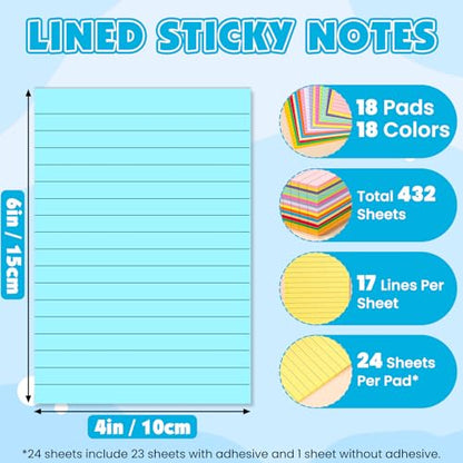 18 Pads Lined Sticky Notes, 18 Colors 4in x 6in Self Stick Note Pads, Strong Adhesive Sticky Note with Lines, Large Sticky Notes for School, Home, Office, 24 Sheets/Pad - color: 4in X 6in-18 Pads