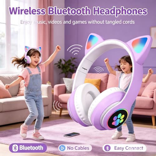 Cat Wireless Headphones for Kids & Adults, Bluetooth Foldable & Wired Multi-Function LED Light Up Over Ear Headphones with Mic and Volume Control for iPhone/iPad/Laptop/PC(Lilac) - color: lilac
