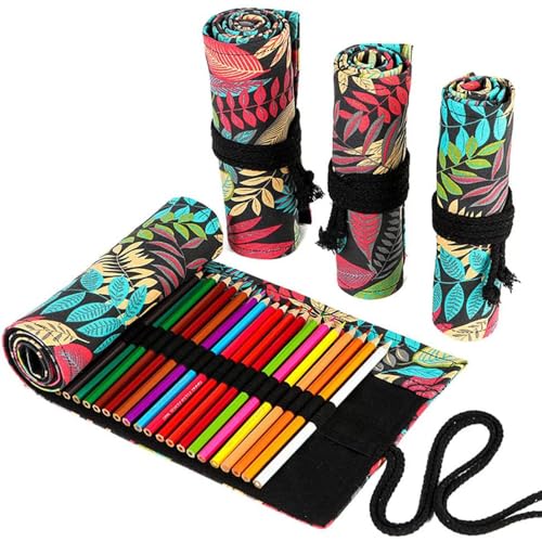 DIYOMR 12/24/36/72 Slots Pencil Wrap Pencil Rolls, Artist Colored Pencil Roll Up Bag Short Brush Pouch Case Pencils Organizer for Drawing Coloring and Sketching, No Pencils (Colorful Leaves, 12slots) - color: Colorful Leaves, size: 12slots