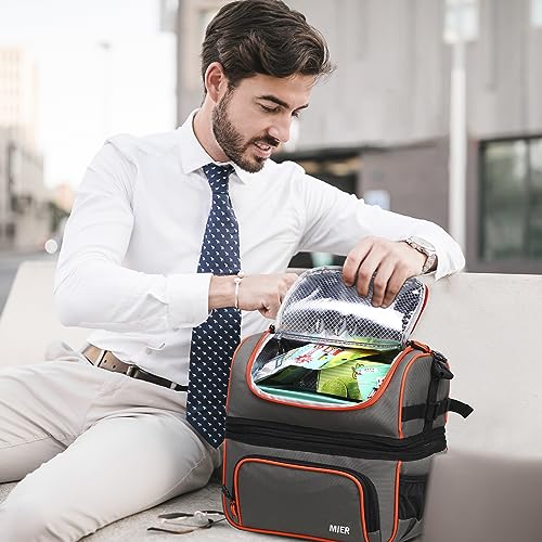 MIER 2 Compartment Lunch Bag Tote with Shoulder Strap for Men and Women Insulated Leakproof Cooler Bag, Grey/Orange - color: Grey/Orange