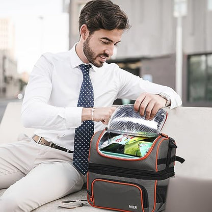 MIER 2 Compartment Lunch Bag Tote with Shoulder Strap for Men and Women Insulated Leakproof Cooler Bag, Grey/Orange - color: Grey/Orange