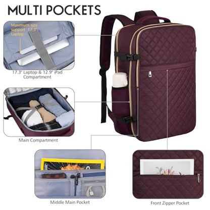 MOMUVO Large Travel Backpack Women, Flight Approved Carry On Backpack, Water Resistant Anti-Theft Large Casual Daypack Fit 17 Inch Laptop with USB Charging Port - color: Dark Purple, size: 17.3 inch