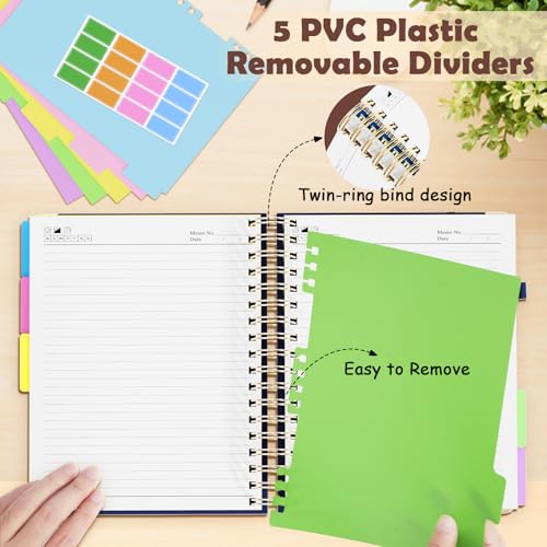 QIYVLOS Hardcover Spiral Notebook, B5 Journal with Removable Dividers Tabs, 5 Subject Notebook College Ruled, 320 Pages 8"x10" Leather Notebooks for Work School Study, Lined Journal for Women, Navy - color: B5/Navy