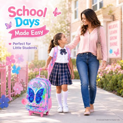 CCJPX 3Pcs Butterfly Rolling Backpack for Girls, 18" Kids Wheeled Bookbag with Lunch Box, Lightweight Roller School Bag for Elementary Preschool (Pink) - color: Pink Butterfly(with Sequins)