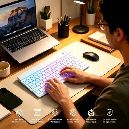 Mini Bluetooth Keyboard, Small Portable Wireless Rechargeable Keyboard with 7-Color RGB Backlit for iPad iPhone Android Samsung Tablet Smartphone(White) - color: white1