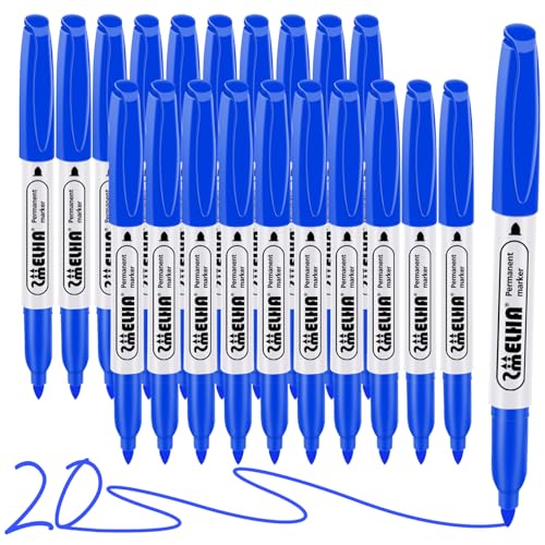 SMELHA Fine Tip Permanent Markers Bulk Blue, 20 Count Fine Point Markers Set, Waterproof, Quick Drying, Fade Resistant, Durable on Glass, Plastic, Metal, Wood, Stone for Office, School, Home - color: blue