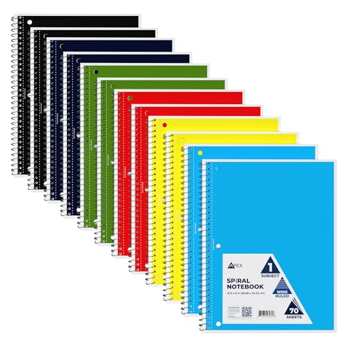 E-CLIPS USA Wide College Ruled Spiral Notebooks Bulk Spiral Bound Notebooks for Work 1 Subject Notebook 6 Color Assortment 3 Hole Perforated 70 Sheets 140 pages 10.5" x 8" (12 pack) - size: 12 Pack, style: Wide Ruled