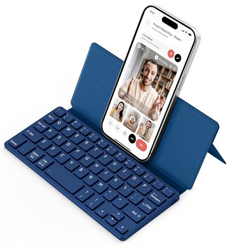 CACOE Wireless Keyboard with Stand, Mini Keyboard for Cell Phone, Ultra-Slim Portable, Foldable, Dual-Channel QWERTY with Stand Holder for Smartphone and More iOS Android Windows, Ocean Blue - color: blue