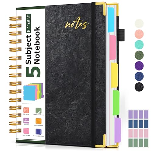 Hardcover Spiral Notebook 8.5"x11" Journal with Removable Dividers Tabs, 300 Pages Organizer Notebooks for Work School, Leather 5 Subject Notebook College Ruled, Large Lined Journal for Women，Black - color: Leather-Black, size: A4