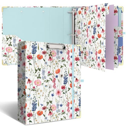 3 Ring Binder 2 Inch Round Ring Binder with 6 Tab Dividers，Cute Clipboard with Storage(Wild Flowers) - color: Wild Flowers, size: 2" Binder with Dividers