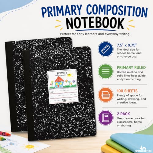 1InTheOffice Primary Composition Notebook, 7 1/2" x 9 3/4", Unruled/Primary Ruled, 100 Sheets
