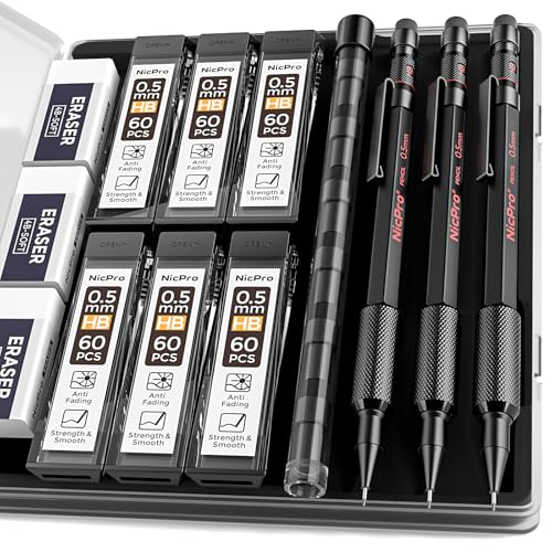 Nicpro 0.5 mm Mechanical Pencil Set with Case, 3PCS MP2000 Metal Artist Mechanical Pencil With 6 Tube HB Lead Refills, Eraser, Weatherproof Barrel for Outdoor Writing Drafting Drawing Sketching - size: 0.5mm
