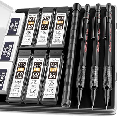 Nicpro 0.5 mm Mechanical Pencil Set with Case, 3PCS MP2000 Metal Artist Mechanical Pencil With 6 Tube HB Lead Refills, Eraser, Weatherproof Barrel for Outdoor Writing Drafting Drawing Sketching - size: 0.5mm