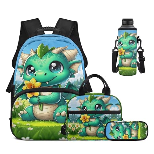 Cute Dinosaur Backpack with Lunch Box, Pencil Pouch, Water Bottle Sleeve - 4 Pcs Kids School Book Bag Set for Elementary Boys Girls - color: Cute Dinosaur