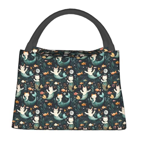 Playful Mermaid Cat Reusable Lunch Box, Cute Kitten Fish Lunchbox for Girls Women, Insulated Lunchbag, 11in*6.3in*6.7in, Gifts Makeup Bag, Portable Handbag for Picnic Work Travel Beach Hiking - color: Cat02